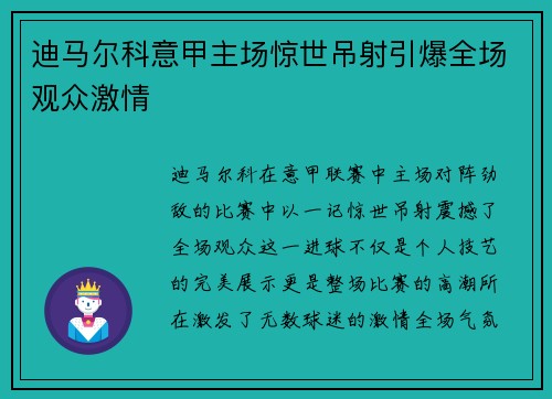 迪马尔科意甲主场惊世吊射引爆全场观众激情